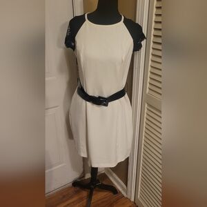 Bisou Bisou Elegant Off White and Black Dress With Belt, Size 12